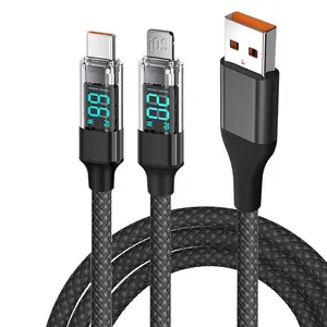 100W 5A Super Fast Charging USB Type C Cable, Smart Digital Display Nylon Braided Data Cable, Compatible with iPhone 15 16 Pro Max Samsung Xiaomi