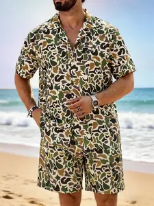 Men's Casual Resort Wear Set, Camo Print Shirt and Matching Shorts for Poolside Lounging, Seaside Holidays and Tropical Getaways