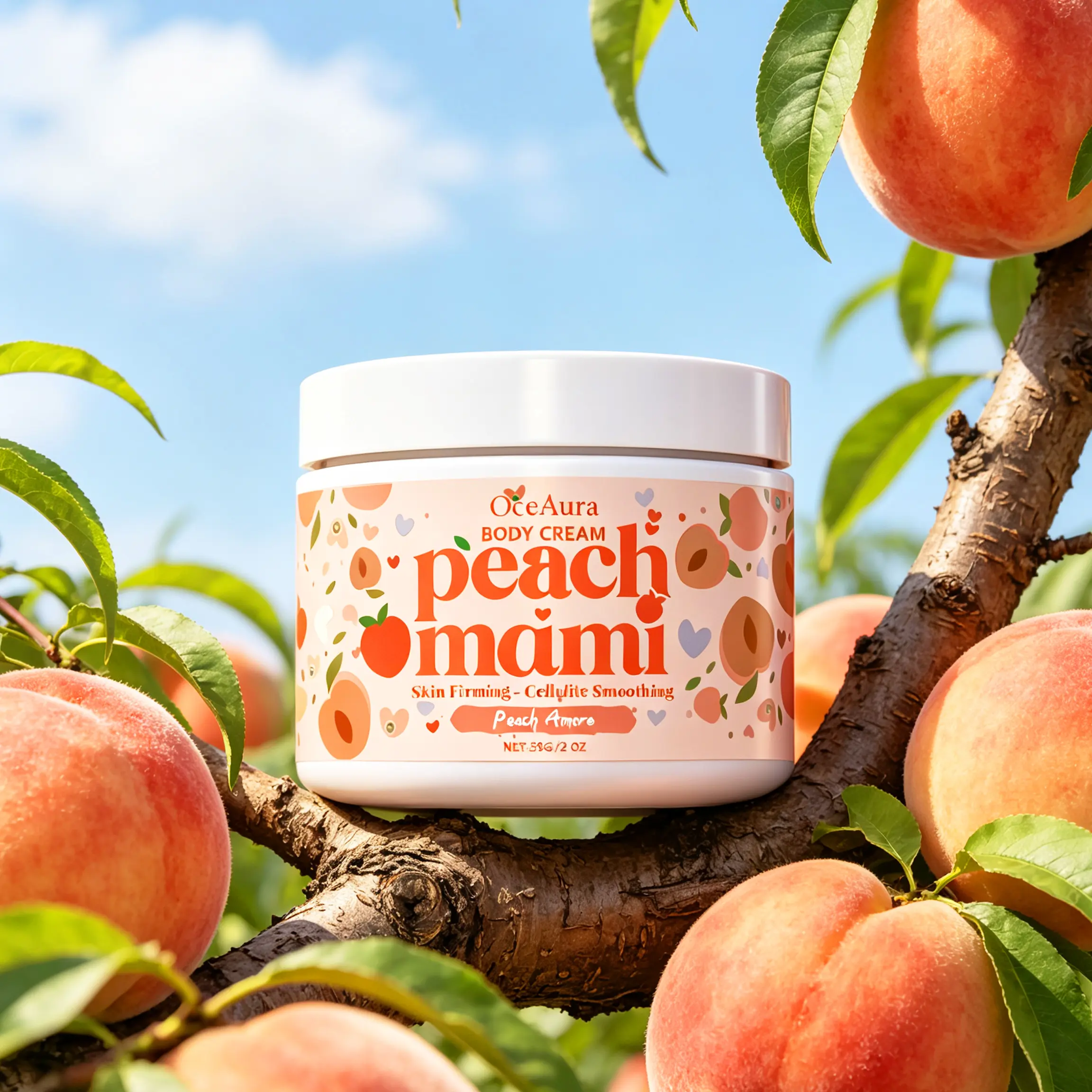 Peach Mami Skin Firming Body Cream with Caffeine & Hyaluronic Acid, Vegan Body Care for All Skin Types with Notes of Fruit, Floral & Amber, Blend, Body Lotion