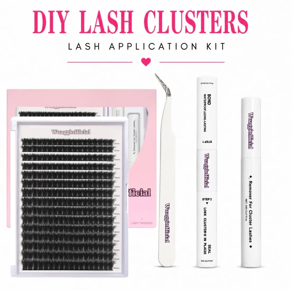 Wuaggi Official DIY DARK Cluster Lash Kit - Lightweight Synthetic Lash Clusters for Natural & Glam Looks - Beginner-Friendly Makeup Tool with Bond Seal Remover and Lash Tweezer