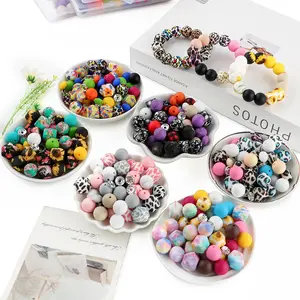 158pcs/box Silicone Beads DIY Combination Set, Hexagonal Printed Round Beads Round Beads Lentil Beads Combination, Creative Handmade Necklace and Bracelet Supplies, Mixed Beads