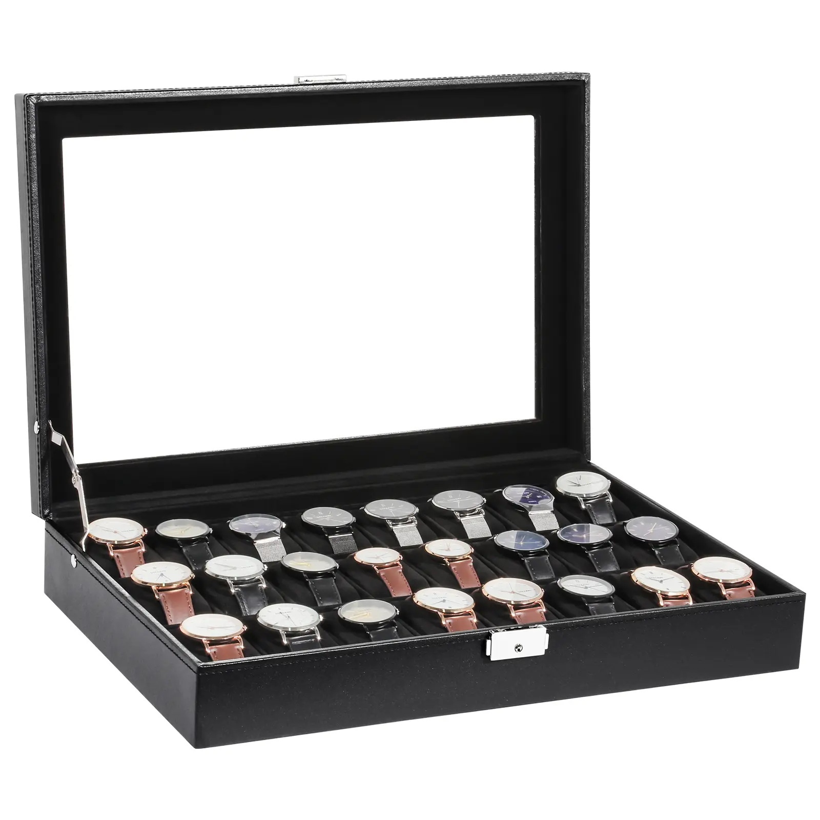 24 Slot Watch Box Organizer with Glass Lid, Large Watch Display Case, Soft Velvet Watch Storage Box for Men & Collectors