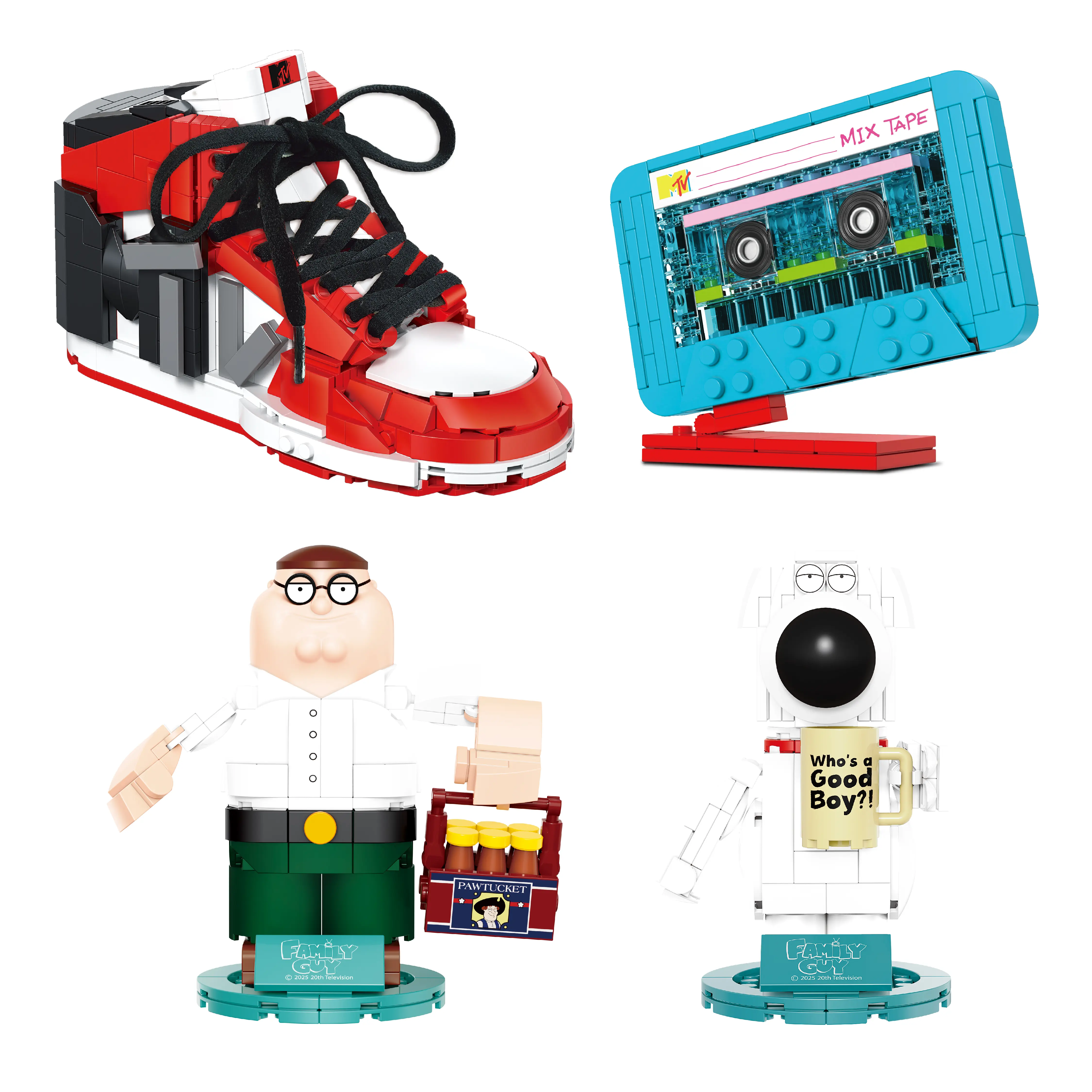 Brickcraft Pop Culture Dad Bundle, 4-Set Family Guy & MTV Building Kit, Peter & Brian Griffin, Cassette & High Top Sneaker, 1,016 Pieces, Ages 14+