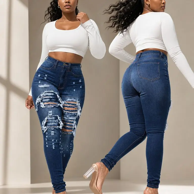 Women's High-Waist Ripped Stretch Fabric Skinny Casual Denim Pants - Button Front, Wash Effect, Chic Everyday Bottoms for Halloween, Thanksgiving, Christmas