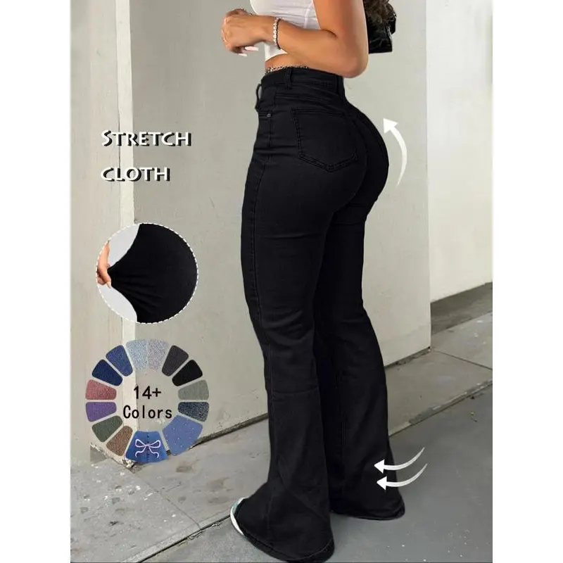 2025  High Waist Flare Leg Jeans, Casual Button Fly Pocket Design, Bell Bottom Denim Trousers For Fall & Winter,  Bottoms For Daily Wear Comfort Pants Fabric Women's