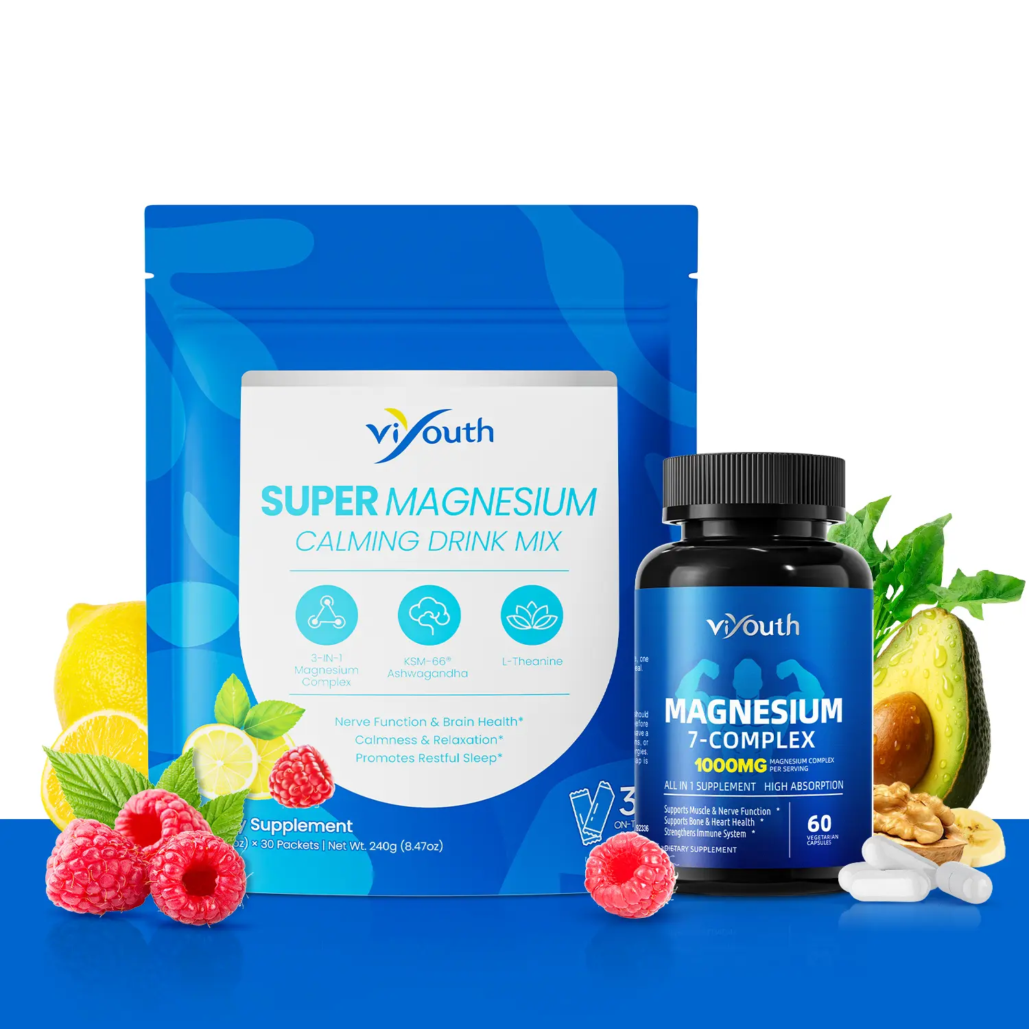 ViYouth Magnesium Support Bundle with Multiple Magnesium, L-Theanine & Ashwagandha for Stress Relief, Sleep Support & Nervous System Wellness- Super Magnesium Calming Drink Mix & 7-1 Complex  Capsules
