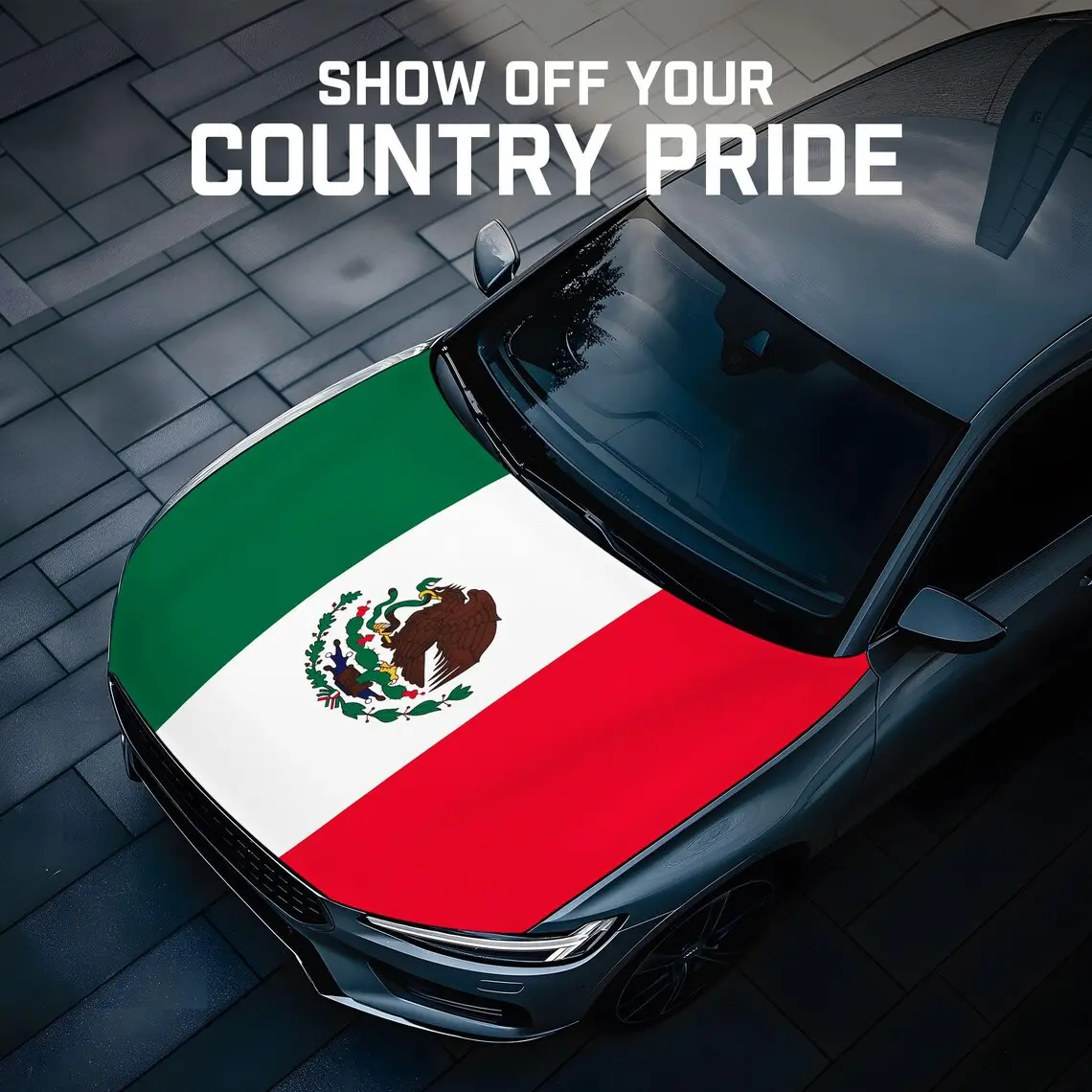 Mexican Flag Car Hood Cover - High Quality Sublimation Printed Car Hood Flag Patriotic Mexican Flag Design 4x5ft 120x155cm Size with Laser-cut Eagle &
