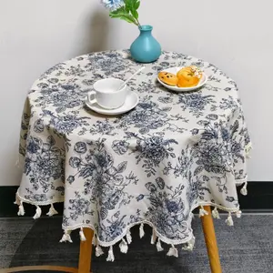1pc French Vintage Blue Peony Round Tablecloth, Indoor Outdoor Party Birthday Decoration, All-Season Home Decor Tablecloth