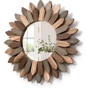 Boho wall decor 12 inch decorative mirror with rustic wood sunburst frame perfect for bedroom living room bathroom kitchen