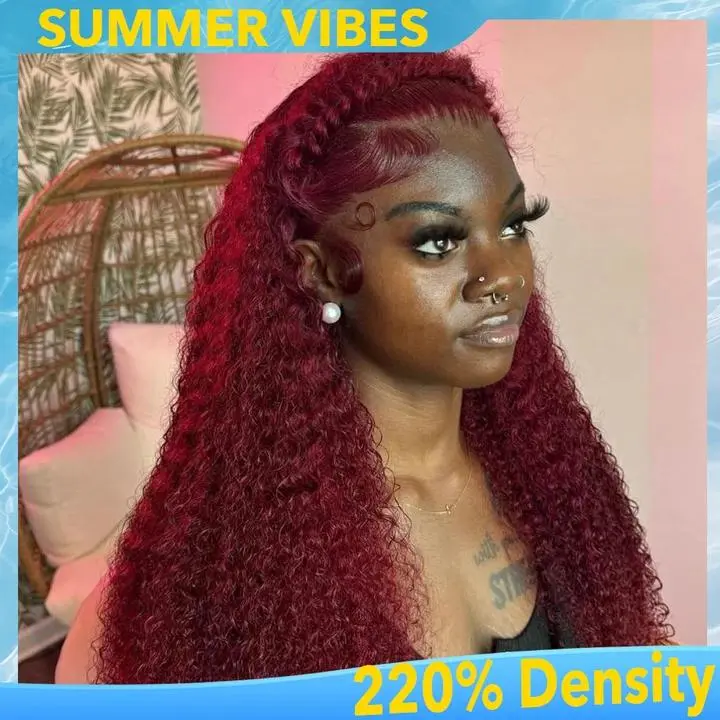 UNIKY Women's Thick 100% Unprocessed Brazilian Human Hair Lace Front Wig, 99j Burgundy 13x6 Transparent Lace Spiral Curly Loose Wave, 220% Density, Suitable for Weddings, Graduations