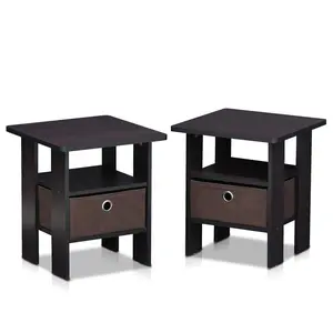 ANDREY Side Table Set of 2 in Dark Walnut, a functional piece with 2-tier storage, storage bin, open shelf for bedrooms, living rooms, and small spaces