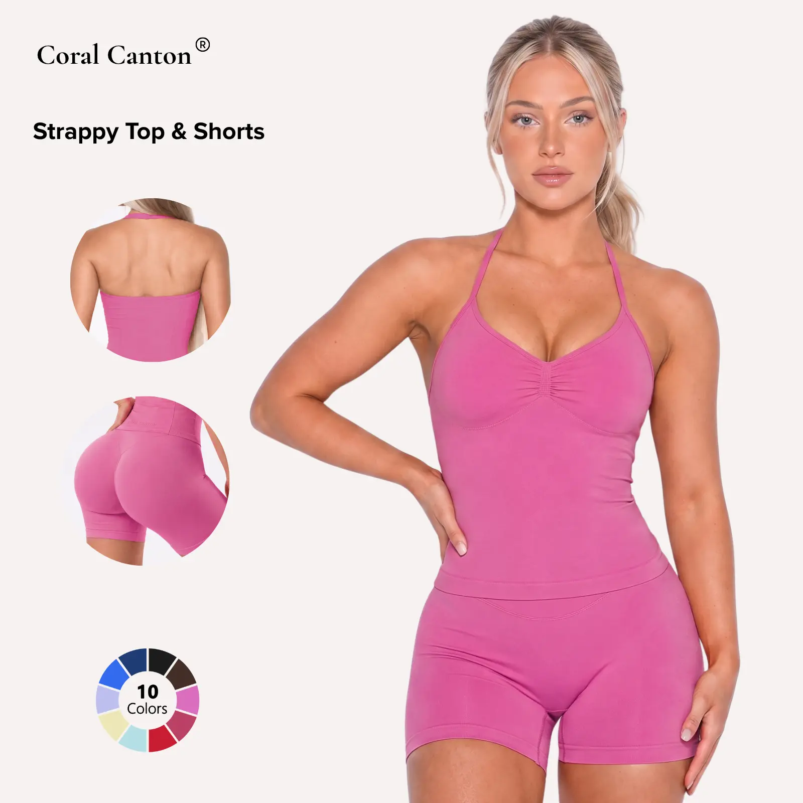 Coral Canton Seamless Sports Strappy Top & Shorts Set  BackToSchool
