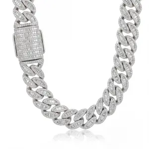 ④⓪SPACEICE 20mm Iced Out Baguette & Round Cut Cuban Link Chain - Silver Tone with 5A Cubic Zirconia, Hip Hop Jewelry for Men & Women