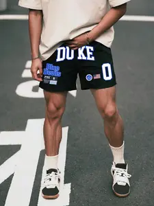 Men's Regular Fit Duke Letter Graphic Print Pocket Shorts, Casual Comfy Breathable Shorts for Daily Wear, Mens Bottoms for Summer