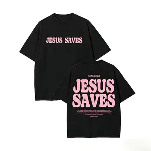 Jesus Saves Oversized Acid Wash T-Shirt | Retro Pink Jesus Saves Christian Graphic Tee | Cotton Black Good News Jesus Print Shirt | Christian Gift for Women | Unisex Faith Streetwear Casual Top