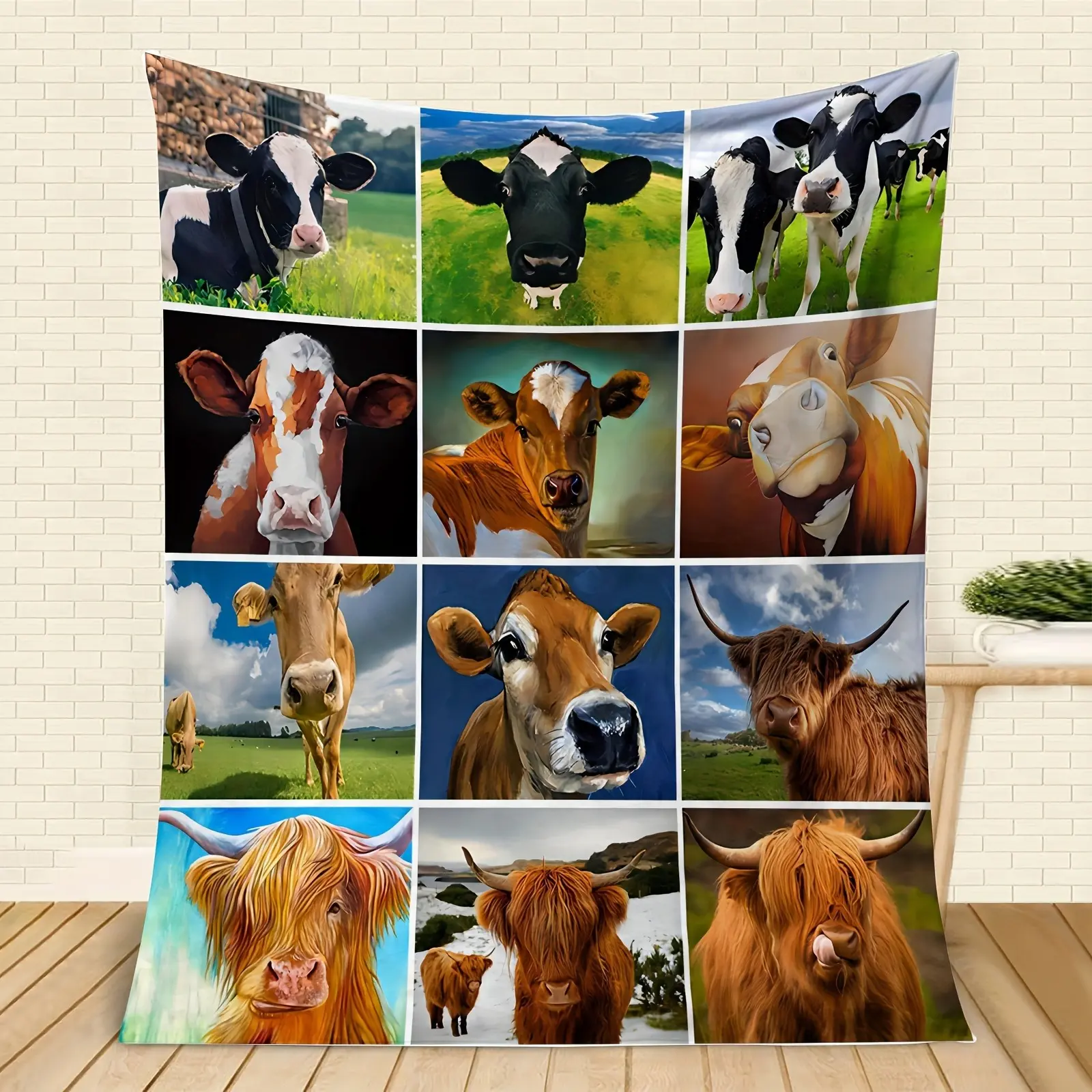 Highland & Dairy Cow Patchwork Flannel Blanket - Soft Cozy Warm Fuzzy Plush Throw, Rustic Farm Animal Portrait Collage, Ideal Gift for Enthusiasts, Farmhouse Bedroom Sofa Decor
