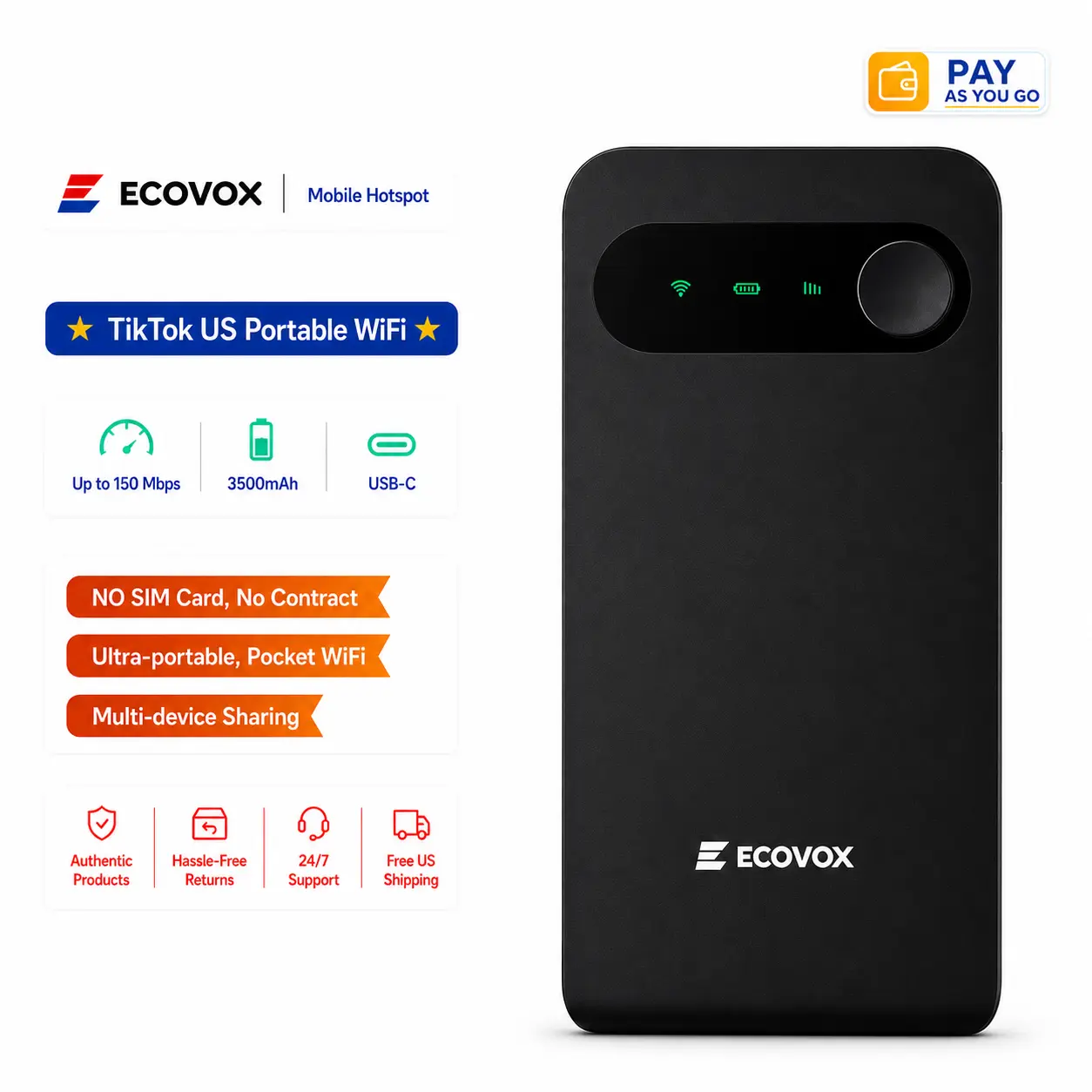 ECOVOX Global Portable WiFi Hotspot 4G LTE Pocket Router (Up to 150Mbps), Multi-Carrier Compatibility (150+ Countries/Regions), 1GB Free Data, 86g Lightweight, 802.11a Single-Band for Road Trips & Business Trips (Backup Network)