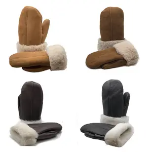 Lukkizara Men's & Women's Premium Shearling Sheepskin Leather Fur Mittens - Brown/Off White Fur, Fully Sheepskin Outside, 100% Genuine Leather, Super Soft & Warm, Stylish Christmas Gift