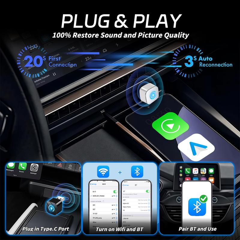 2026 Upgraded Wireless CarPlay, Compatible with iPhone and Android, converts Wired to Wireless, Supports Dual-Mode Bluetooth/WiFi Connectivity, Hands-Free Calls, Plug & Play, Car Video Players