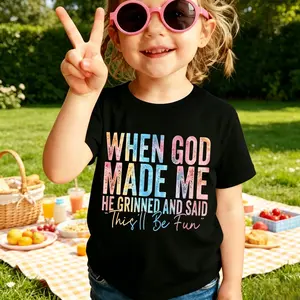 Fun Letter Print Girls T Shirt Casual Short Sleeve Polyester Top for Outdoor Activities