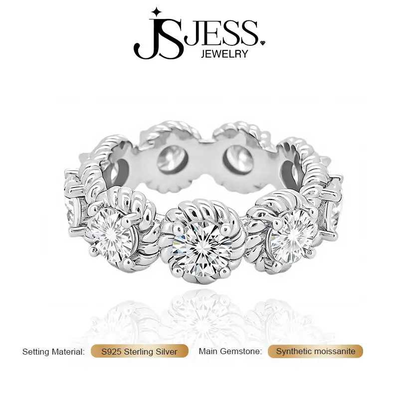 【Timeless】Twist Band 5 Carat 5mm For Each DE Color VVS1 Round Cut Moissanite Engagement Eternity Ring, S925 Sterling Silver Wedding Band for Women