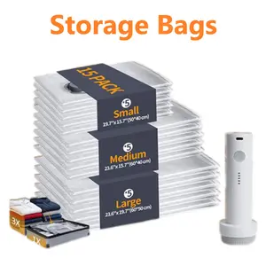 Vacuum Bags For Travel,15-Pack Travel Vacuum Storage Bags Set – Cordless USB Rechargeable Compression Bags in 3 Sizes for Suitcase Organization & Space Saving