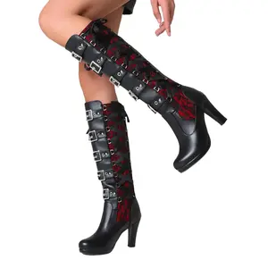 Gothic style high-heeled boots, with front pointed buckle design, side-opening zipper, large heel, cowgirl boots, women's denim boots