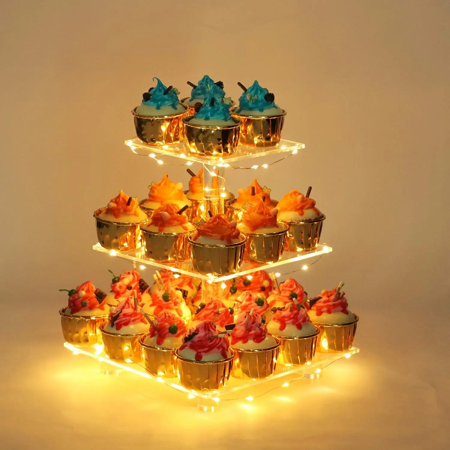 Elegant Cupcake Tower with LED Lights - 3-Tier Display for Festive Celebrations - Perfect for Parties and Events - Brighten Your Special Occasions