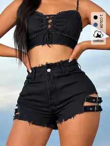 Women's High-Waisted Denim Ripped Shorts, Fitted Elastic H-Type Button Design, Metal Buckle Side Pockets, Summer Streetwear Party