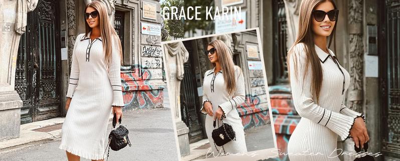 GRACE KARIN Women's Long Sleeve Sweater Dress ElegantSlim Fit V Neck Bodycon Pencil Knit Dress