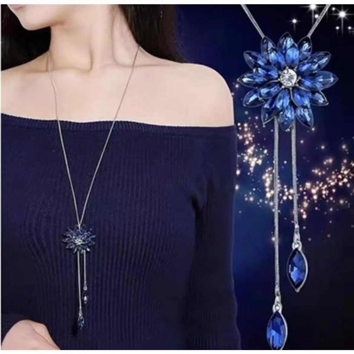 026 Blue Crystal Flower Necklace