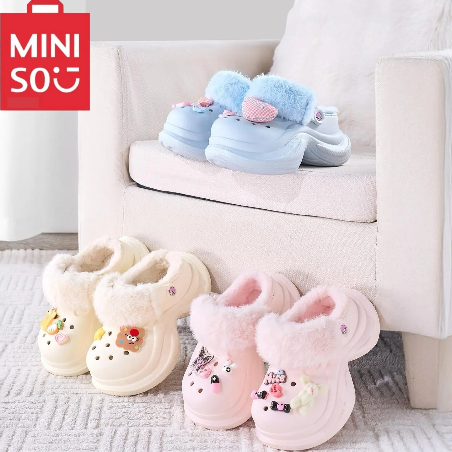 Miniso Soft Fleece Women's Clogs - Thick Sole Clog Slippers for Kids, Detachable Strap, Cotton Lined, Slip-Resistant for Safe Home Steps, Indoor Footwear