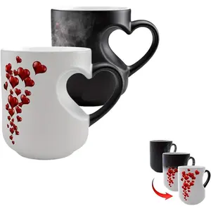 Heart-Shaped Color Changing Magic Ceramic Mug, Thermochromic Coffee Cup with Handle, Reveals Surprise Design When Filled with Hot Beverage Couple Gift for Mother's Day Gifts, Valentine's Day (1PC)