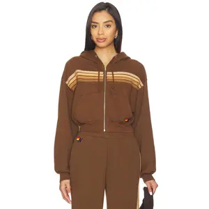 Aviator Nation 5 Stripe Cropped Zip Hoodie in Chocolate & Espresso