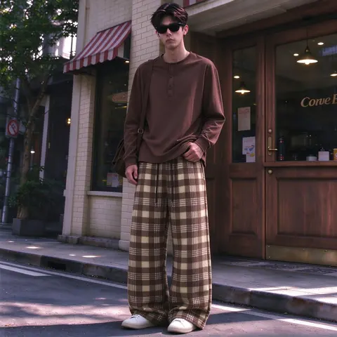 Men’s solid-color Henley-collar long-sleeve top + vintage plaid wide-leg pants two-piece set, made from drapey plaid fabric, American “city boy” style, ideal for shopping, outings, and everyday retro looks.