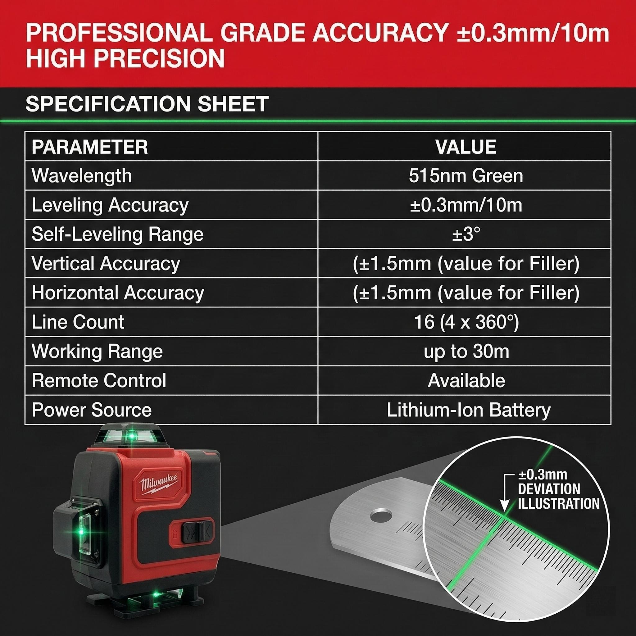 Milwaukee 16 Line Laser Level Kit With Battery Charger Construction Tools For Mechanics Magnetic Base High Accuracy