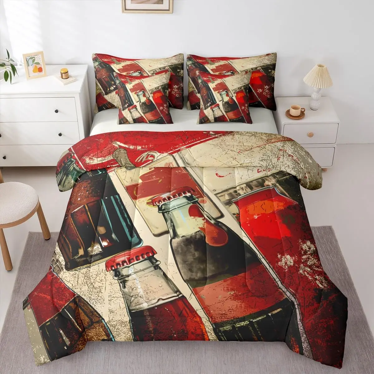 Kids Cola Bed in a Bag 7 Pieces Boys Girls Vintage Cola Comforter Set with Sheets Cola Bottles Bedding Sets with Comforter,Pillowcases,Flat Sheet,Fitted Sheet and Cushion Cover
