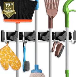 Holikme Mop Broom Holder Wall Mount Metal Pantry Organization and Storage Garden Kitchen Tool Organizer Wall Hanger for Home Goods (4 Positions with 4 Hooks, Black) Holikme