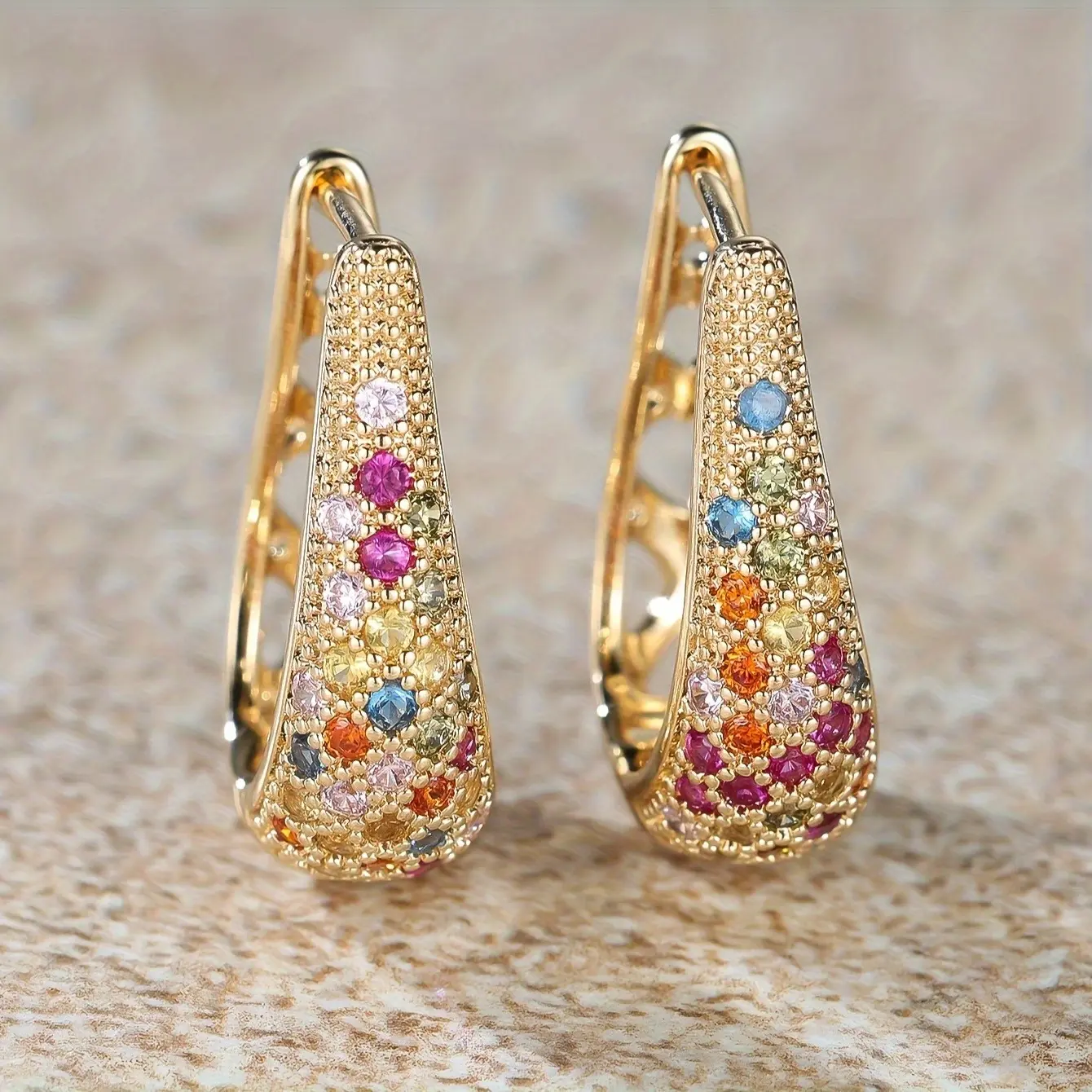 Multicolor Shiny Cubic Zirconia Golden Earrings for Women - Ear Hook Statement Earrings Clip-On Hoop Earrings - Party Banquet Jewelry - High-Quality Fine Gift for Festivals & Anniversaries