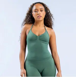 DFYNE Impact Halter Top Women's Seamless Halter Tank Top Backless Sports Activewear Fitness Gymwear Soft Supportive Halterneck Longline Design High Stretch Durable Fabric Built-in Bra Removable Pads running