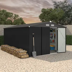 Gaomon 10x14 FT Galvanized Steel Outdoor Storage Shed Kit, Lockable Door Tool Shed, Utility Building with Air Vent for Backyard, Garden, Deep Gray