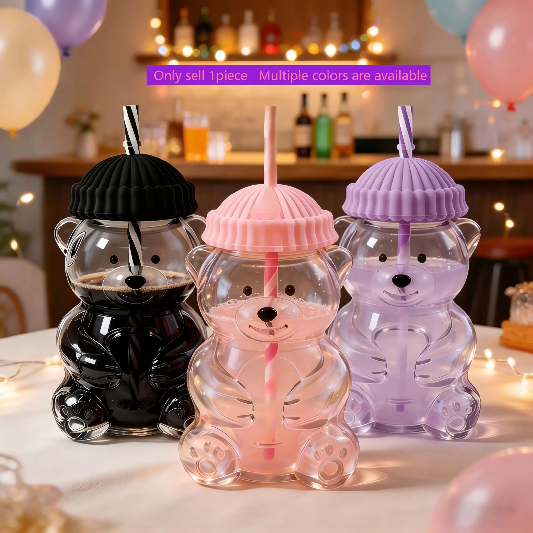 20oz Cute Bear Straw Glass Tumbler, Reusable Clear Cup with Multiple Color Lids,Trendy Beach Travel Water Cup for Girls