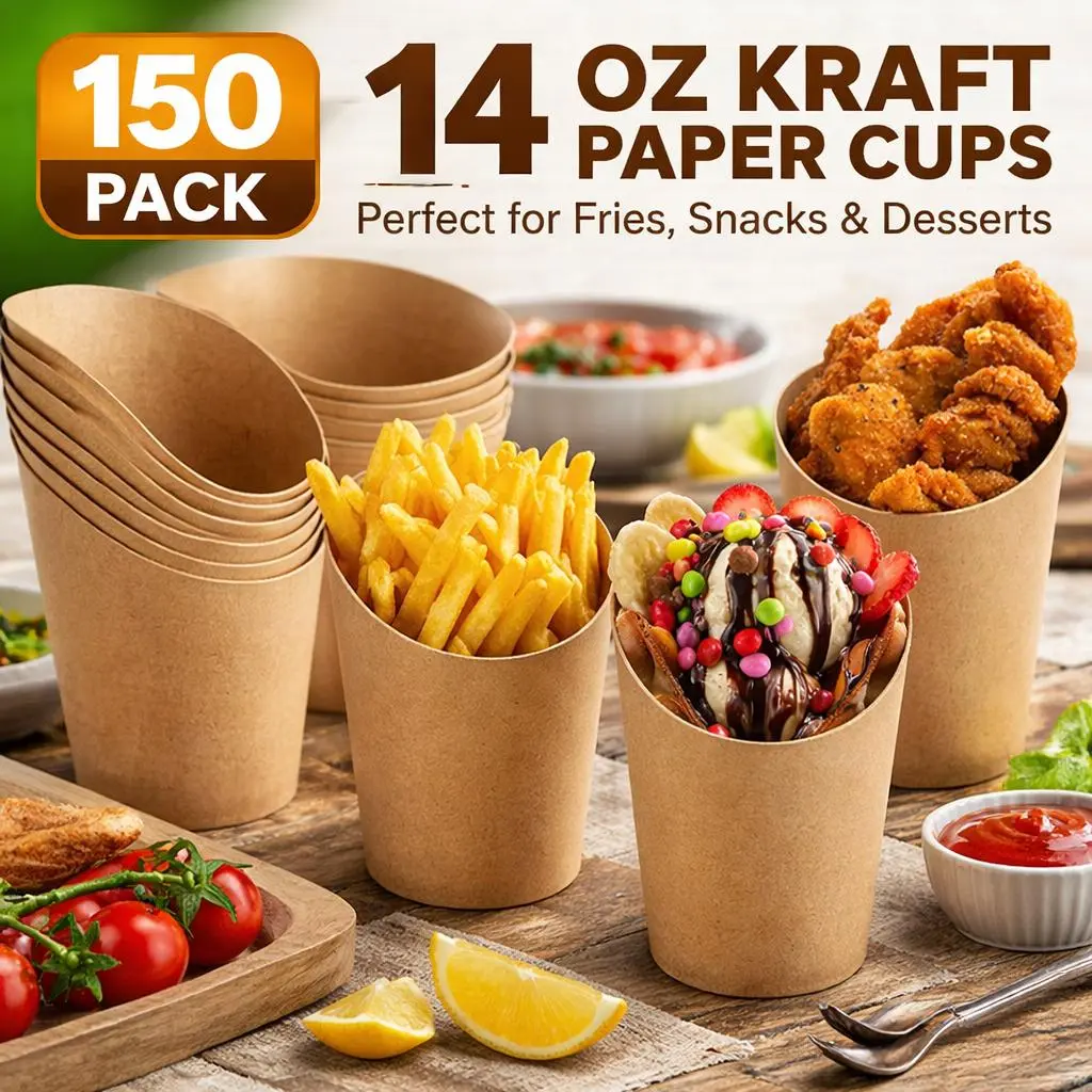 150pcs 14 oz Kraft Paper Disposable Oblique Mouth Crispy French Fry Cups - Baked Kitchenware Utensils, Grease-Free Hands Oil-Resistant Holders for Holiday Charcuterie Take-Out Supplies