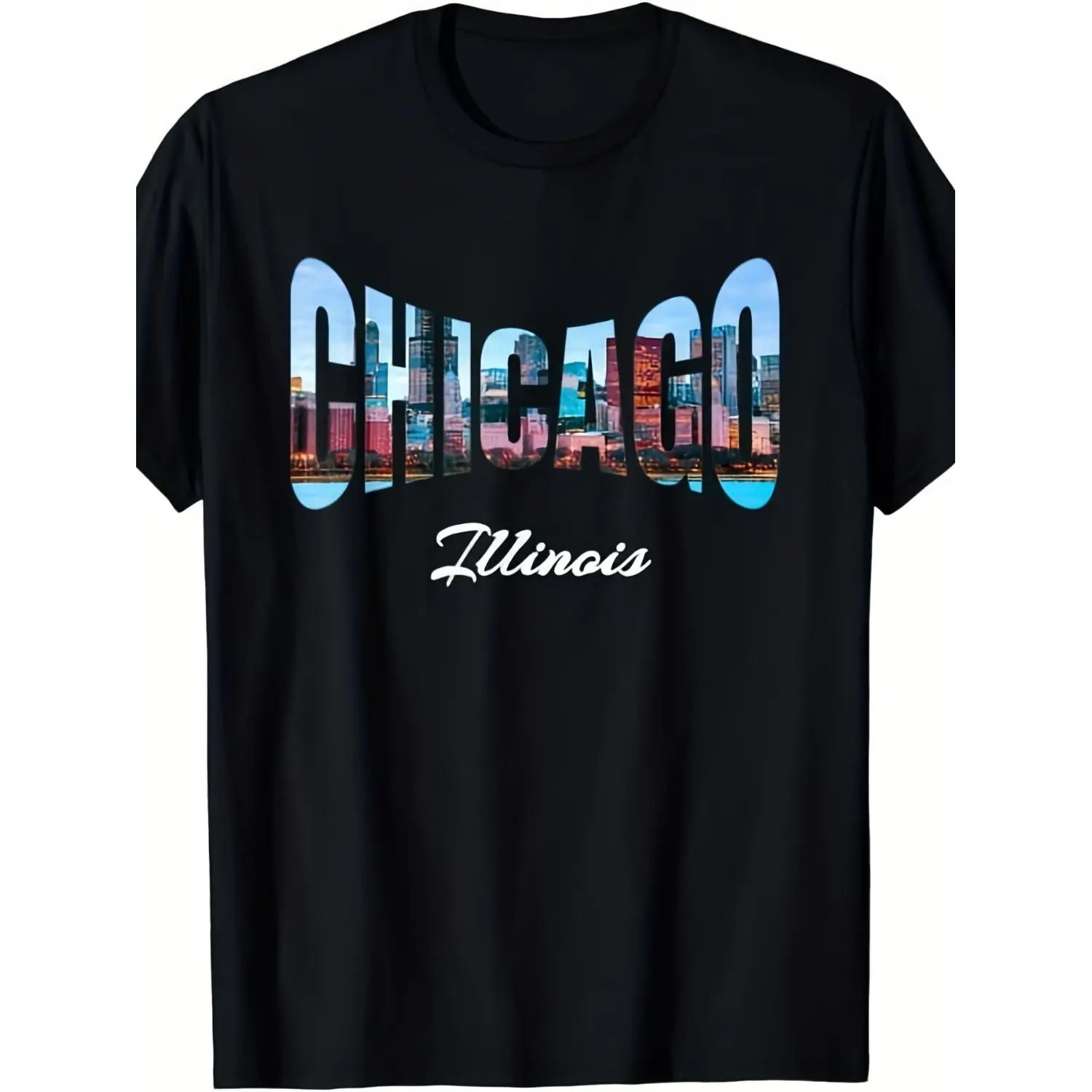 Men's Unisex Chicago Illinois Graphic T-Shirt - Lightweight Pure Cotton Round Neck Short-Sleeve Retro Top, Willis Tower Train & Iconic Landmarks Print, Streetwear Casual Apparel, Chicago Pride Gift, Tshirt