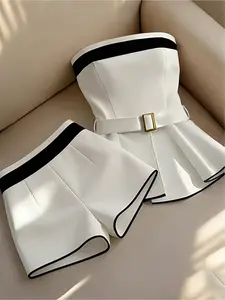 Elegant black and white color-block women's shorts set, suitable for daily office commuting and evening dating outfits
