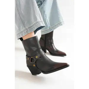 Western Harness Boots VACA-06 Women's Short Ankle Cowboy Boot Vintage Classic Leather Decorative Harness Strap Chunky Block Heel Comfortable & Durable Slip-Resistant Outsole