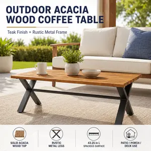 Outdoor Acacia Wood Coffee Table Rustic Metal Frame Patio Center Table 18x27x43 Inch Teak  Finish Brown and Black Modern Farmhouse Decor for Backyard Porch Deck Garden Poolside Conversation Set