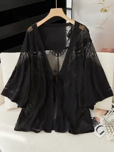 Women's Embroidery Sheer Tie Front Cover Up Outerwear, Casual Cover Up Outerwear for Beach Vacation, Ladies Swimwear for Summer, Swimwear Coverups