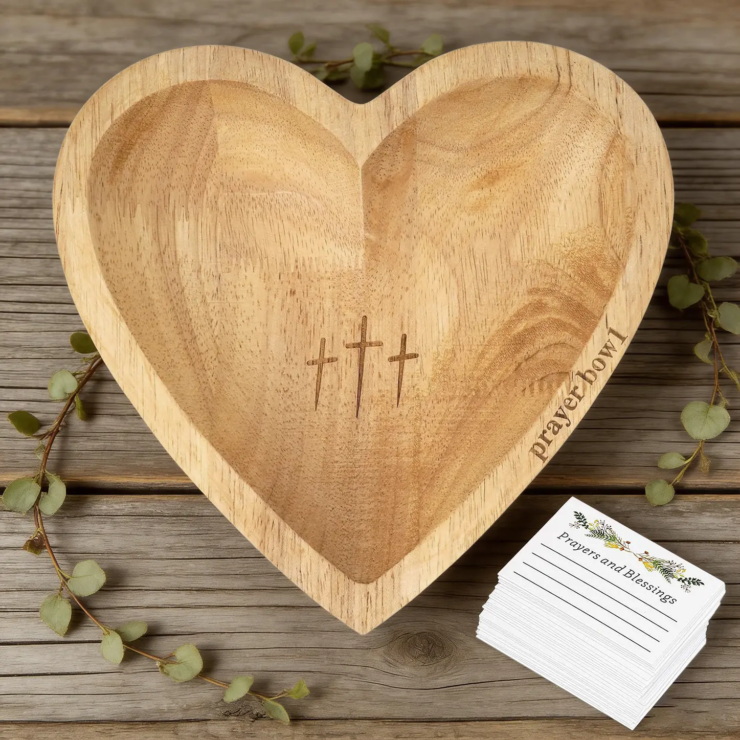 Etched Handmade Multifunctional Eco-Friendly Wooden Heart Prayer Bowl Trinket Set - 24 Prayer Cards - Rustic Stylish Religious Home Decor, Christianity Kitchen Accessory - Easter Christian Gift for Loved Ones, Mother's Day Healing Item