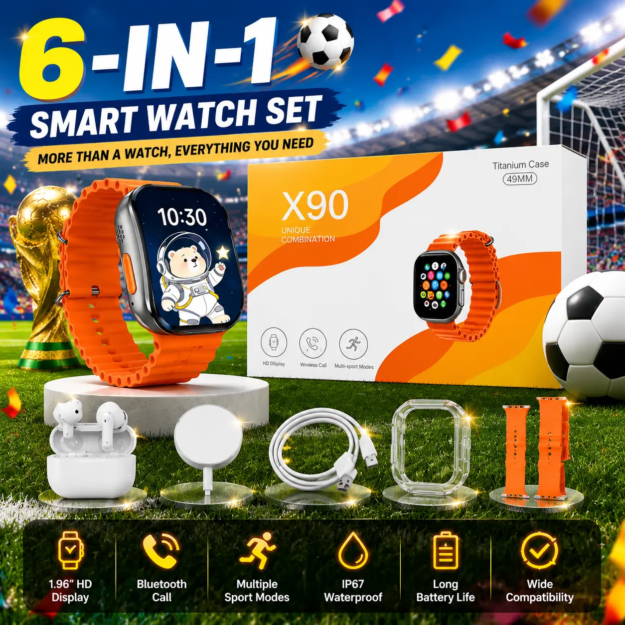 Smart Watch & Bluetooth Headphones Bundle with Type-C Cable, Wireless Audio Support, Fitness Tracker for Sports, Work & Travel, Portable Tech Gift Set for Android and iPhone Users